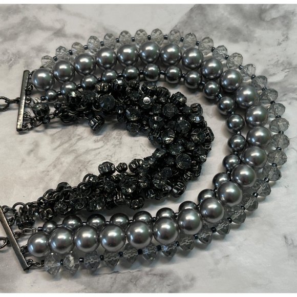 Ann Taylor Loft Necklace Gray Layered Bulky Beads Rhinestones Bib Style 14" - Picture 4 of 8